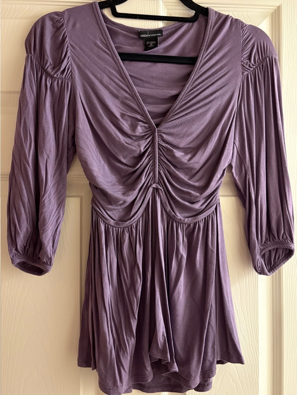 MODA International Purple Ruched V-Neck Peplum Tunic in Great Condition!!!